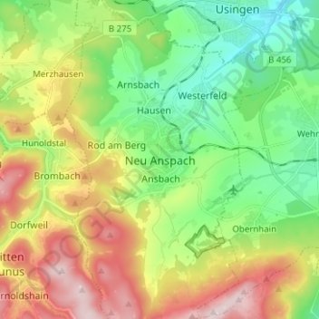 Mapa topográfico Neu-Anspach, altitud, relieve