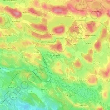 Mapa topográfico Bechtersweiler, altitud, relieve