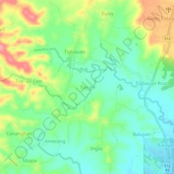 Mapa topográfico Tuy-an, altitud, relieve