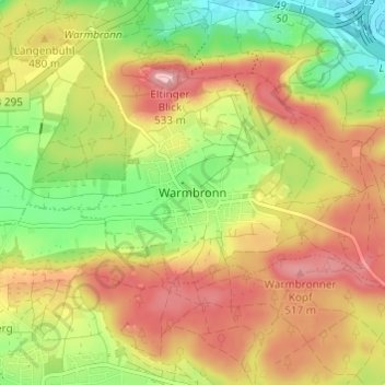 Mapa topográfico Warmbronn, altitud, relieve