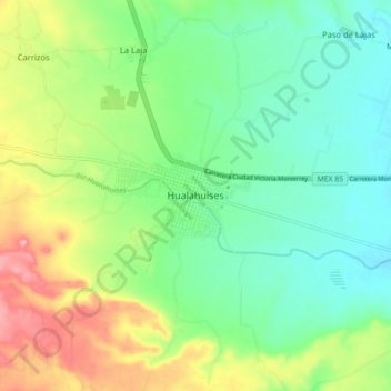 Mapa topográfico Hualahuises, altitud, relieve