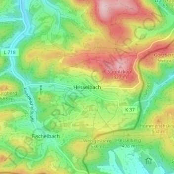 Mapa topográfico Hesselbach, altitud, relieve