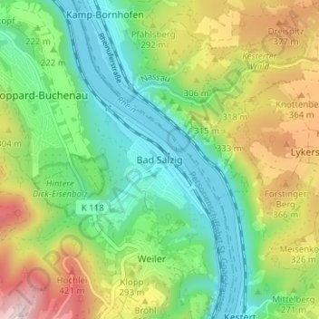 Mapa topográfico Bad Salzig, altitud, relieve