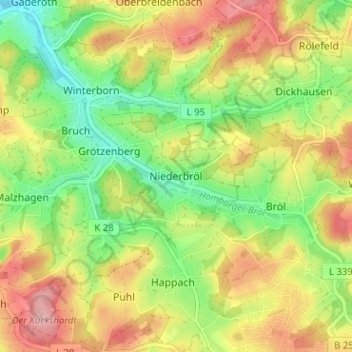 Mapa topográfico Niederbröl, altitud, relieve