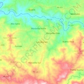 Mapa topográfico Las Marías, altitud, relieve