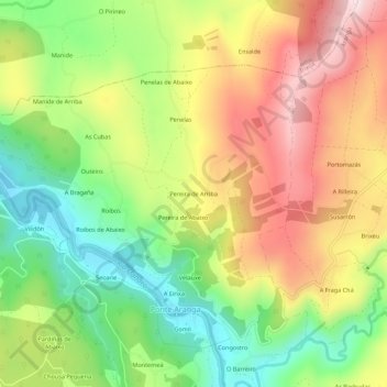 Mapa topográfico Pereira de Arriba, altitud, relieve