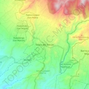 Mapa topográfico Tetela del Volcán, altitud, relieve