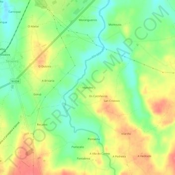 Mapa topográfico Mandeo, altitud, relieve