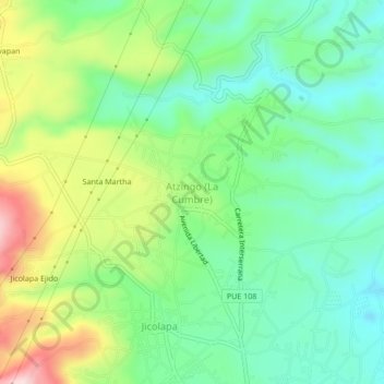 Mapa topográfico Atzingo (La Cumbre), altitud, relieve