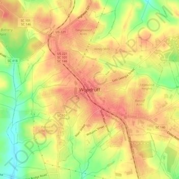Mapa topográfico Woodruff, altitud, relieve