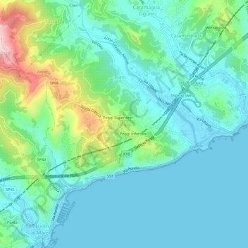 Mapa topográfico Poggi, altitud, relieve