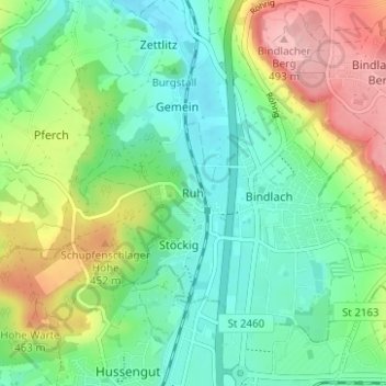 Mapa topográfico Ruh, altitud, relieve