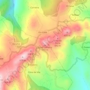 Mapa topográfico Pena Corneira, altitud, relieve