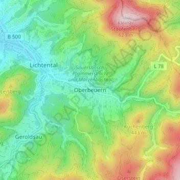 Mapa topográfico Oberbeuern, altitud, relieve