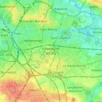 Mapa topográfico Villeneuve-d'Ascq, altitud, relieve