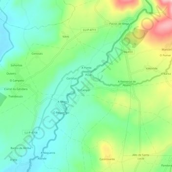 Mapa topográfico Outeiro, altitud, relieve