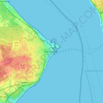 Mapa topográfico Elsinor, altitud, relieve