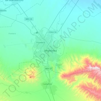 Mapa topográfico Monclova, altitud, relieve