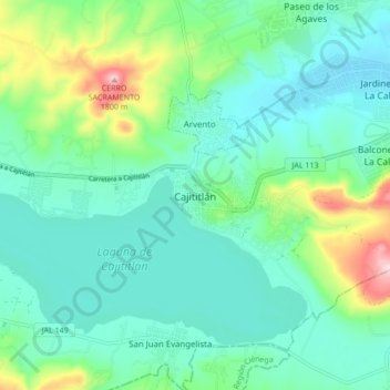 Mapa topográfico Cajititlán, altitud, relieve