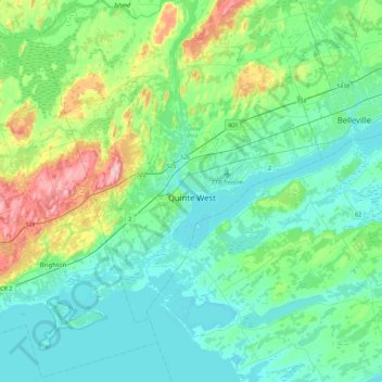 Mapa topográfico Quinte West, altitud, relieve