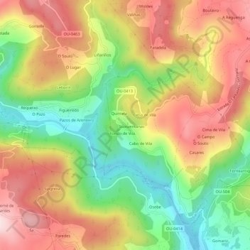 Mapa topográfico Cabanelas, altitud, relieve
