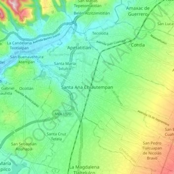 Mapa topográfico Santa Ana Chiautempan, altitud, relieve