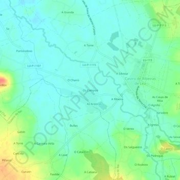 Mapa topográfico Os Campos, altitud, relieve