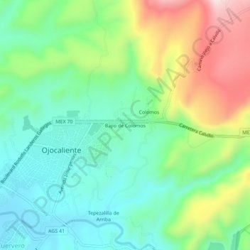 Mapa topográfico Bajío de Colomos, altitud, relieve