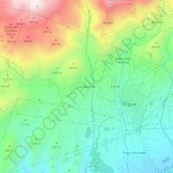 Mapa topográfico Las Barreras, altitud, relieve