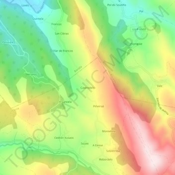 Mapa topográfico Castrodelo, altitud, relieve