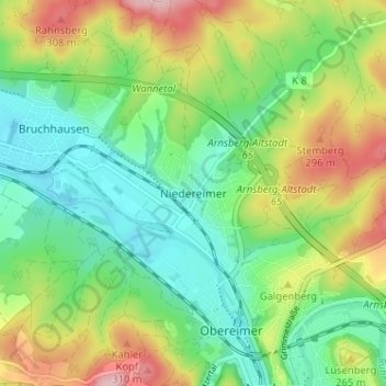 Mapa topográfico Niedereimer, altitud, relieve