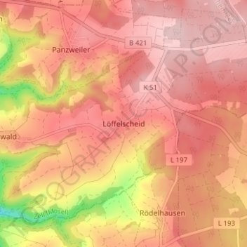 Mapa topográfico Löffelscheid, altitud, relieve