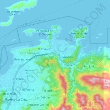Mapa topográfico Guanta, altitud, relieve