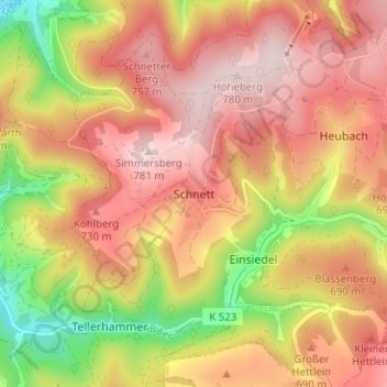 Mapa topográfico Schnett, altitud, relieve