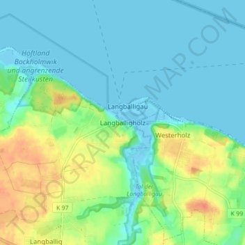 Mapa topográfico Langballigholz, altitud, relieve