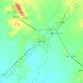 Mapa topográfico Pericos, altitud, relieve