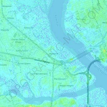 Mapa topográfico Moreland, altitud, relieve