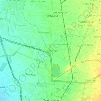 Mapa topográfico Tulantongo, altitud, relieve