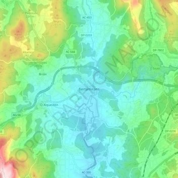 Mapa topográfico Bertamiráns, altitud, relieve