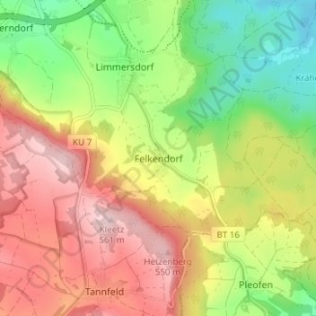 Mapa topográfico Felkendorf, altitud, relieve