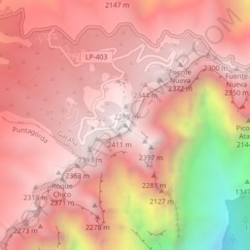 Mapa topográfico Roque de los Muchachos, altitud, relieve