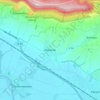 Mapa topográfico Welsede, altitud, relieve