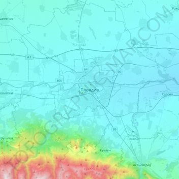 Mapa topográfico Plovdiv, altitud, relieve