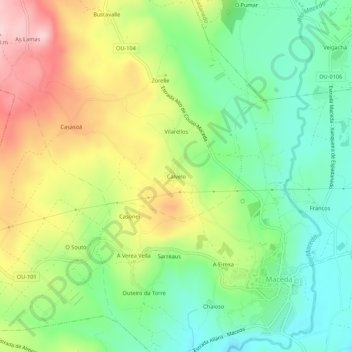 Mapa topográfico Calvelo, altitud, relieve