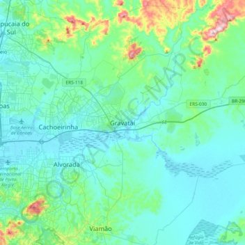 Mapa topográfico Gravataí, altitud, relieve