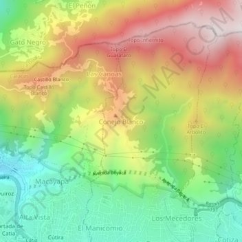 Mapa topográfico Conejo Blanco, altitud, relieve