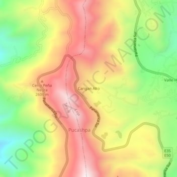 Mapa topográfico Carigan Alto, altitud, relieve