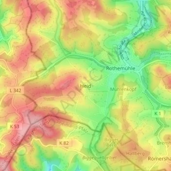 Mapa topográfico Heid, altitud, relieve