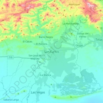 Mapa topográfico San Carlos, altitud, relieve