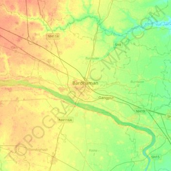 Mapa topográfico Bardhaman, altitud, relieve